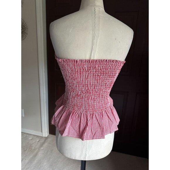 House of Thread red and white strapless elastic peplum top button detail M - Picture 2 of 4